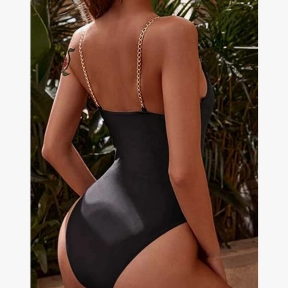 Avanova Women's NWOT Black/Gold Chain Straps One Piece Swimsuit Size Large 🐈 - Picture 5 of 7